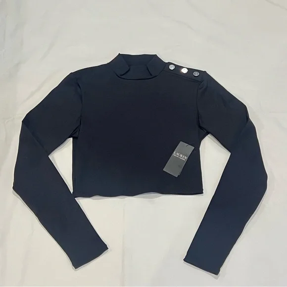 Lauren Ralph Lauren Ribbed Cropped Mockneck Rash Guard Black Swim TOP ONLY NEW - Picture 7 of 9